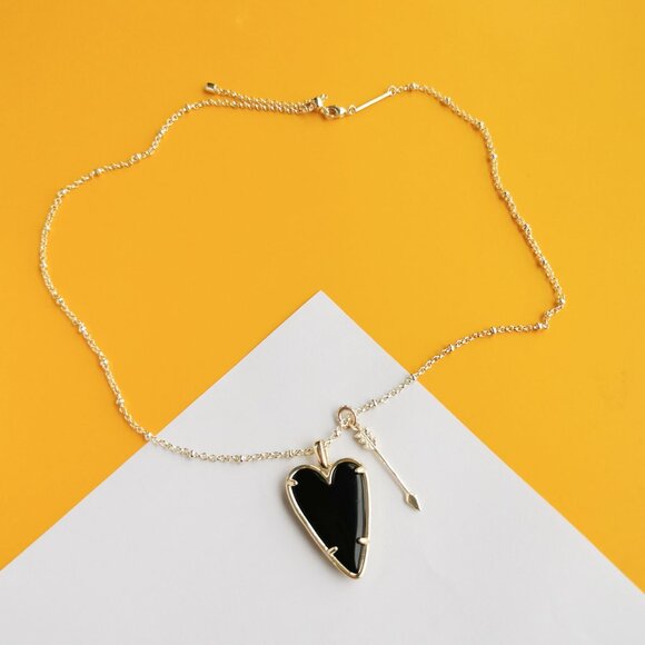 Ansley Heart Gold Black Obsidian Long Pendant Necklace by Kendra Scott - Picture 2 of 4